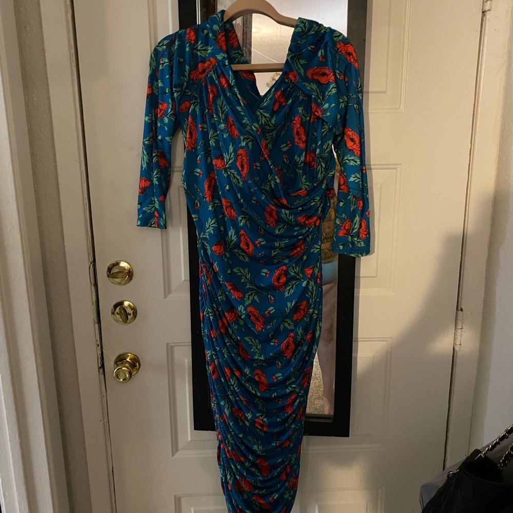 Pinup Couture Teal and Red Floral Long Sleeve Dress